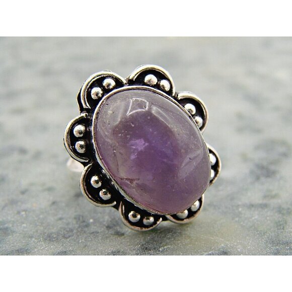 Amethyst Natural Stone Ring Sterling Silver Plated Birthstone Floral Frame 7.5 - Picture 3 of 10